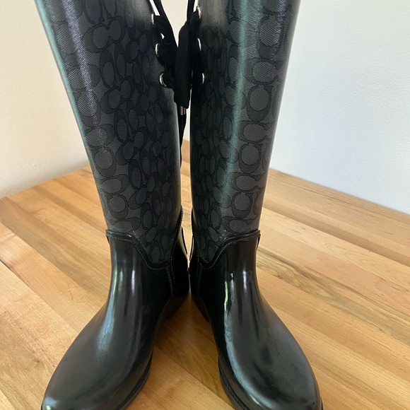 Coach Black Patterned Rain/Winter boots. Corset tie back  EUC - Picture 1 of 9